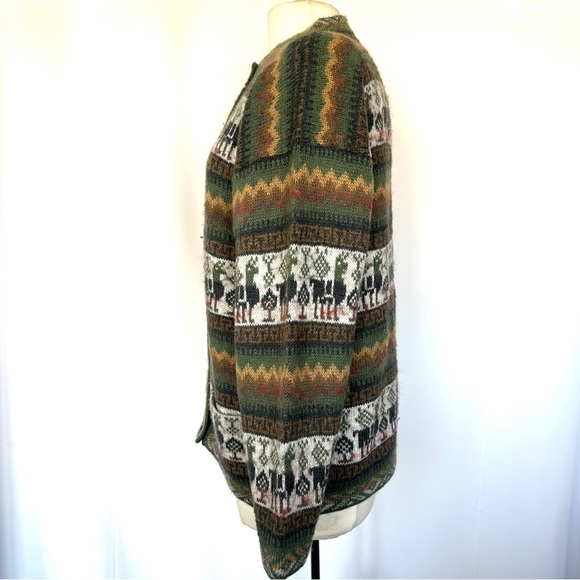 VTG ANDINA 100% ALPACA LLAMA PRINT GREEN MOCK-NECK BUTTON FRONT CARDIGAN SzM/L - Picture 3 of 13